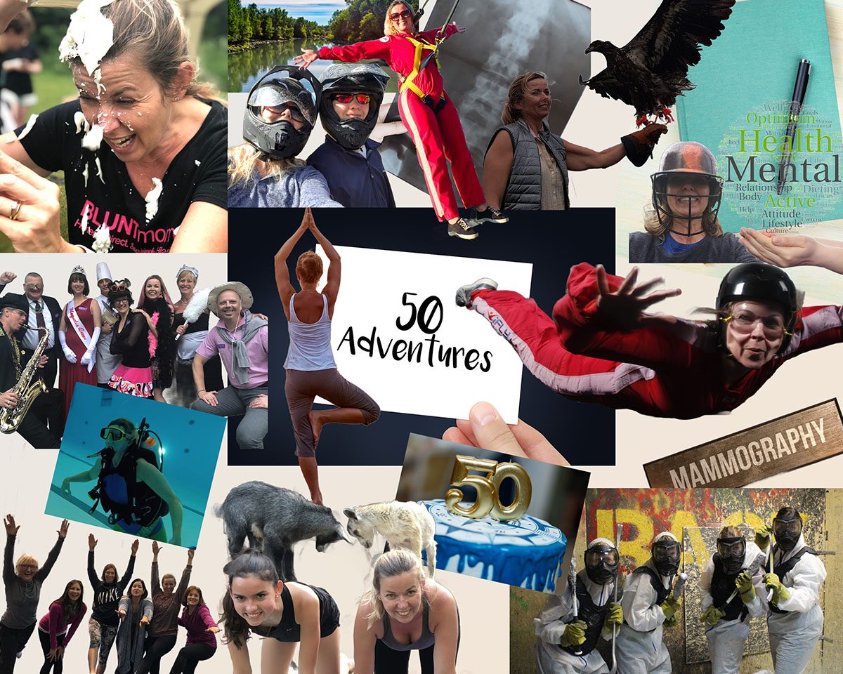 Collage of people engaged in various activities, including skydiving, yoga, walking dogs, and celebrating, with a "50 Adventures" sign in the center.
