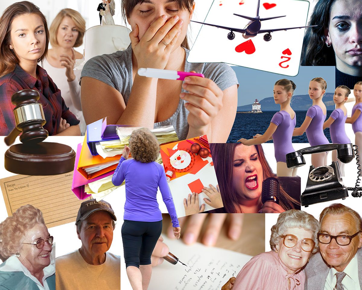 Collage with a woman holding a pregnancy test, an airplane, a gavel, women in a ballet pose, stacks of papers, a person yelling at a microphone, and elderly people, among other elements.